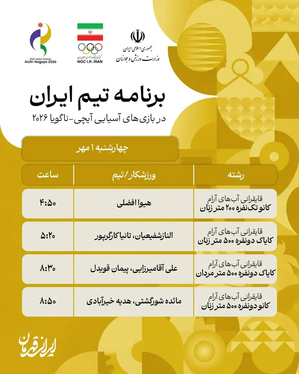 برنامه روز چهارم نمایندگان ایران در بازی های آسیایی ناگویا