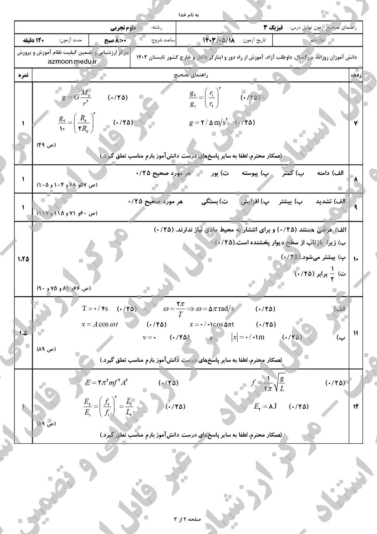 پاسخنامه امتحان نهایی فیزیک تجربی دوازدهم مرداد شهریور ۱۴۰۳