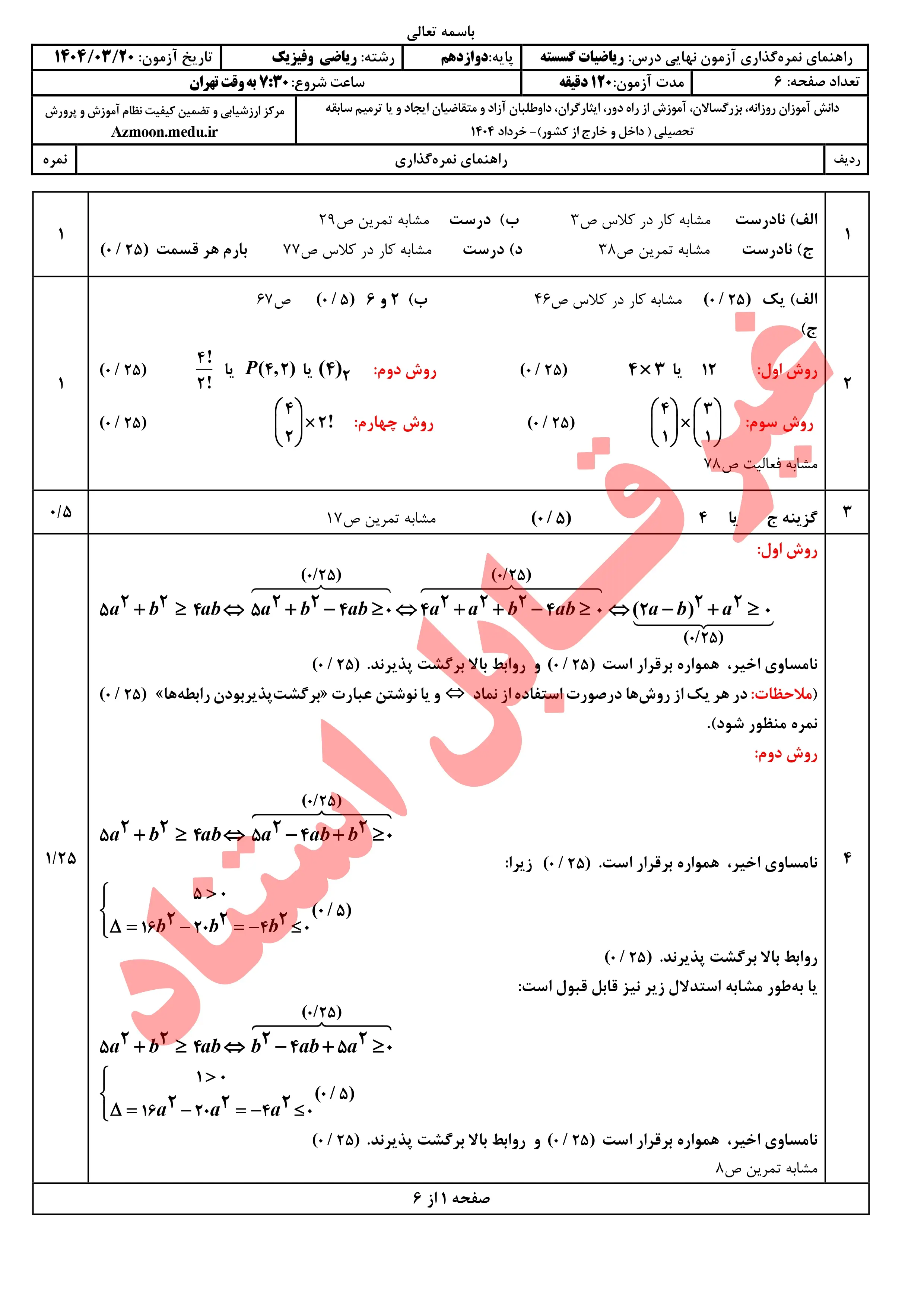 سوالات امتحان نهایی ریاضیات گسسته دوازدهم خرداد ۱۴۰۴ + پاسخنامه