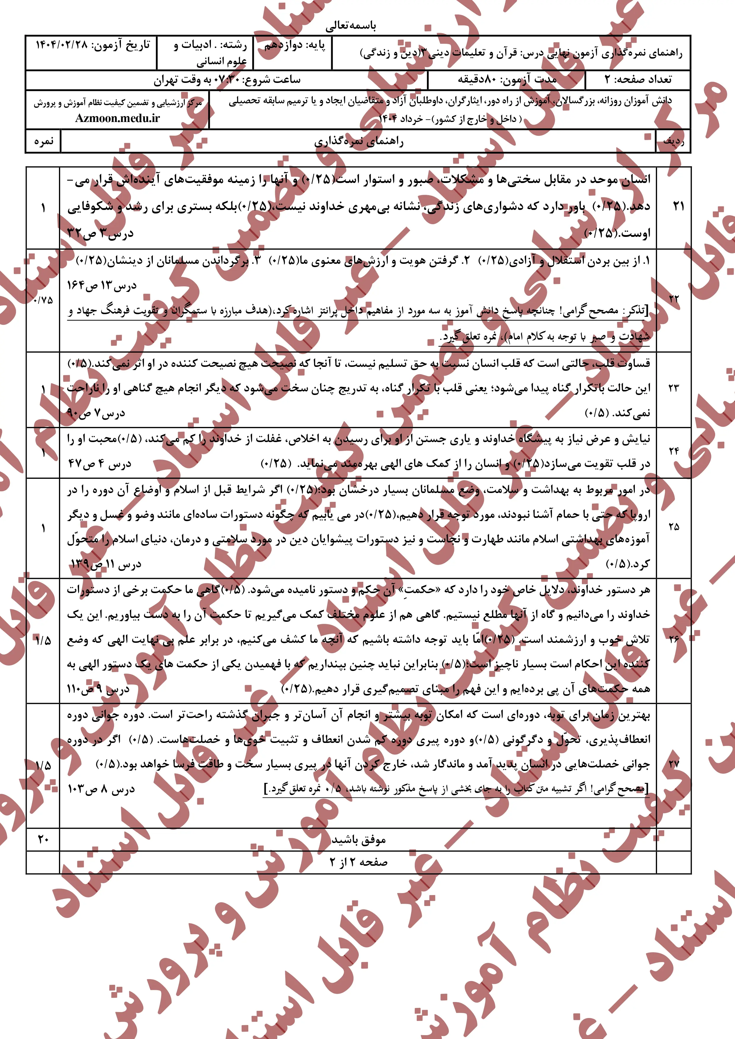 سوالات امتحان نهایی دین و زندگی دوازدهم خرداد ۱۴۰۴ + انسانی + پاسخنامه