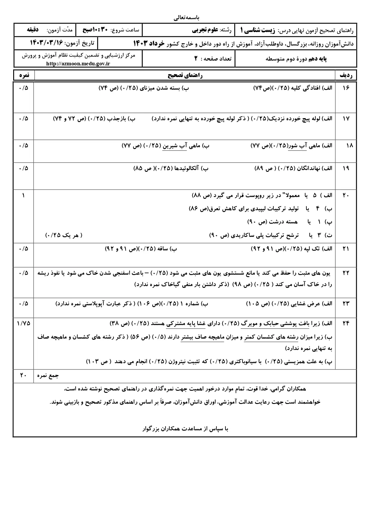 سوالات امتحان نهایی زیست شناسی دهم تجربی خرداد ۱۴۰۳ + پاسخنامه تشریحی