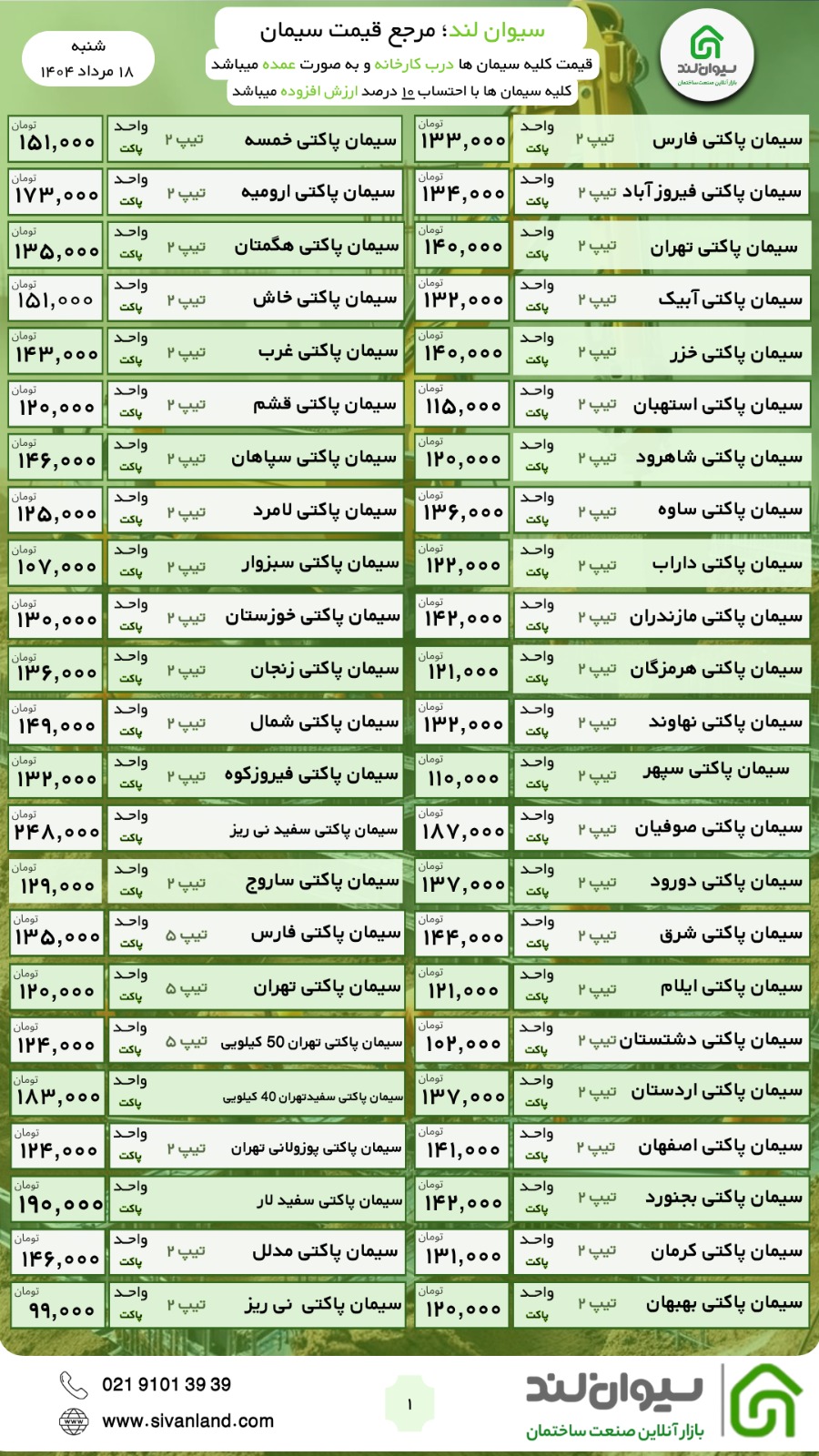 قیمت سیمان شنبه 18 مرداد
