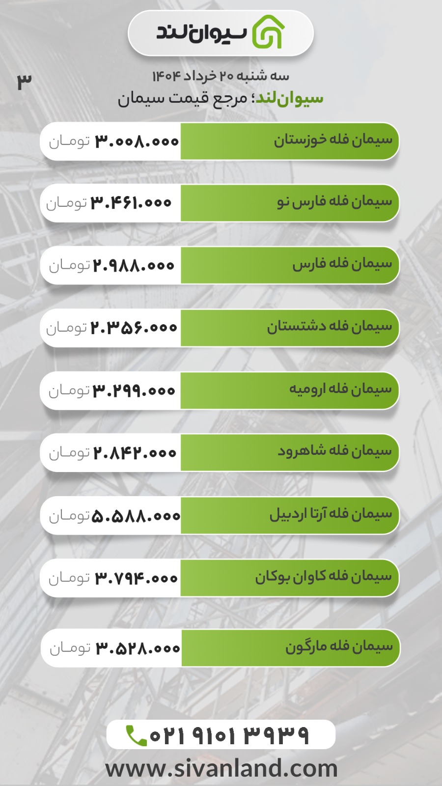 قیمت سیمان امروز سه‌شنبه 20 خرداد 