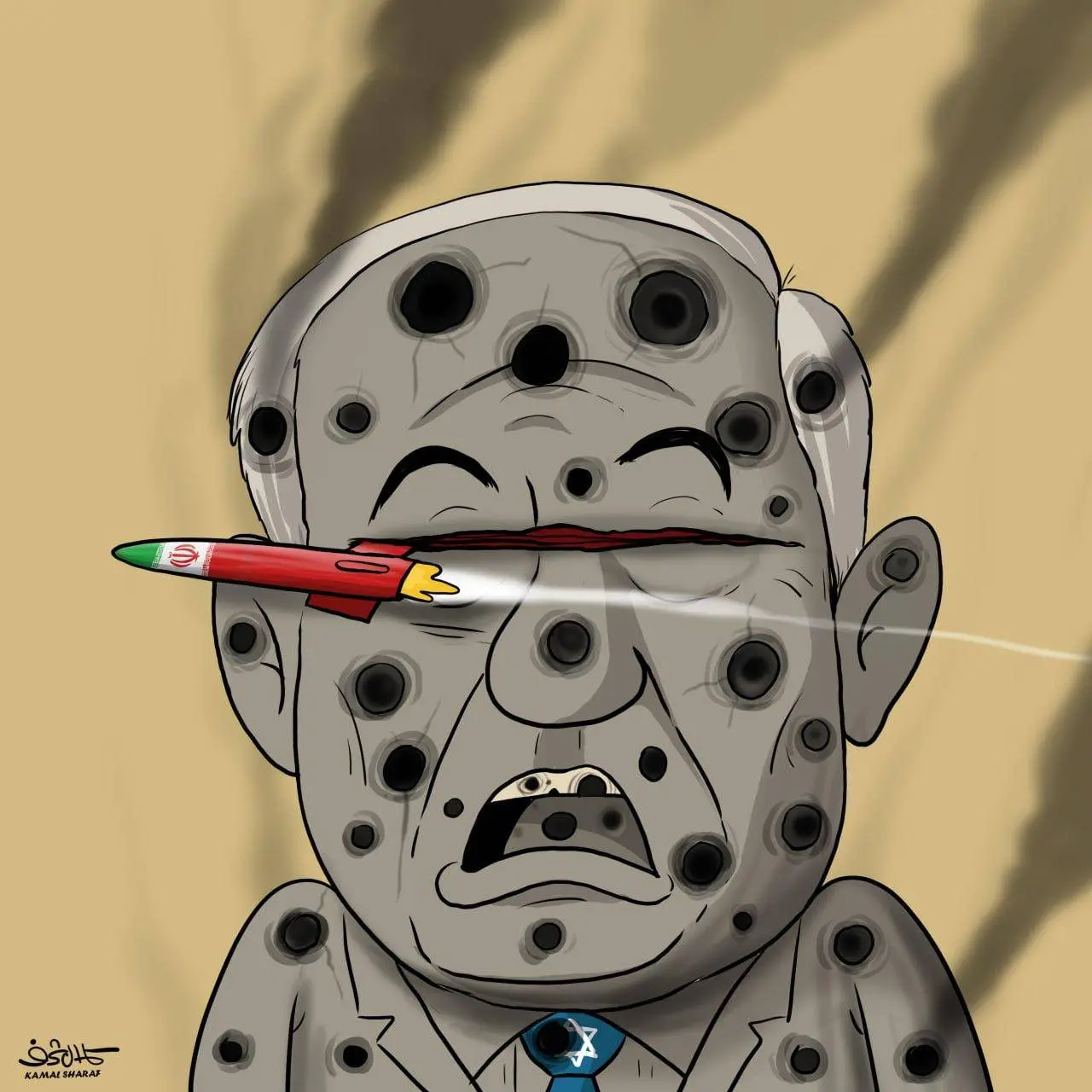 کمال شرف، کاریکاتوریست یمنی بعد از حمله دیشب ایران این طرح را منتشر کرد و نوشت: ممنون ایران! 