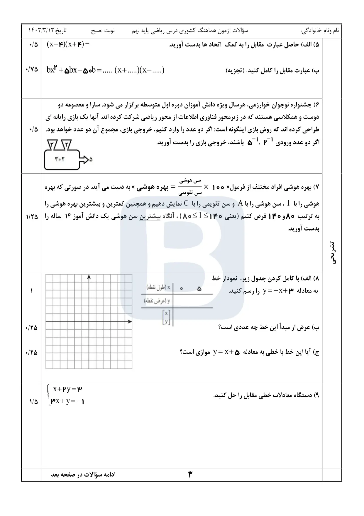 پاسخنامه تشریحی امتحان نهایی ریاضی نهم خرداد ۱۴۰۳ (نوبت صبح)