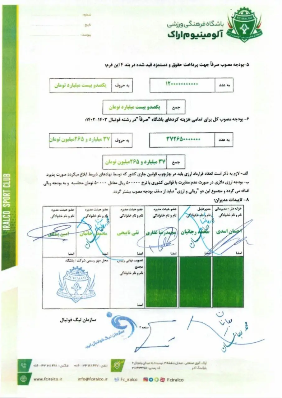 بودجه باشگاه آلومینیوم اراک اعلام شد+ سند