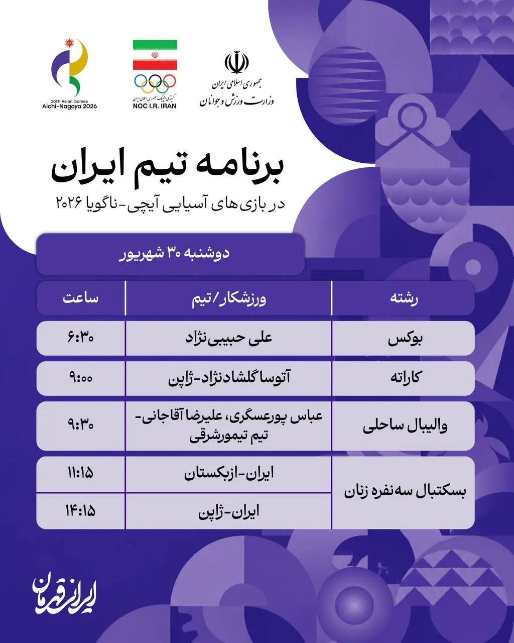 برنامه روز دوم نمایندگان ایران در بازی های آسیایی ناگویا