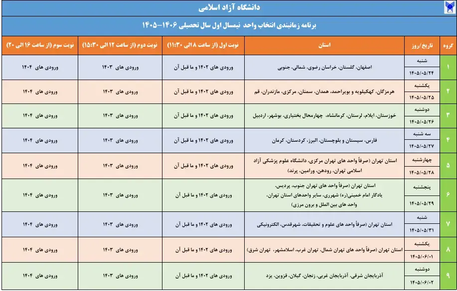 اعلام برنامه زمانبندی انتخاب واحد نیمسال اول دانشگاه آزاد