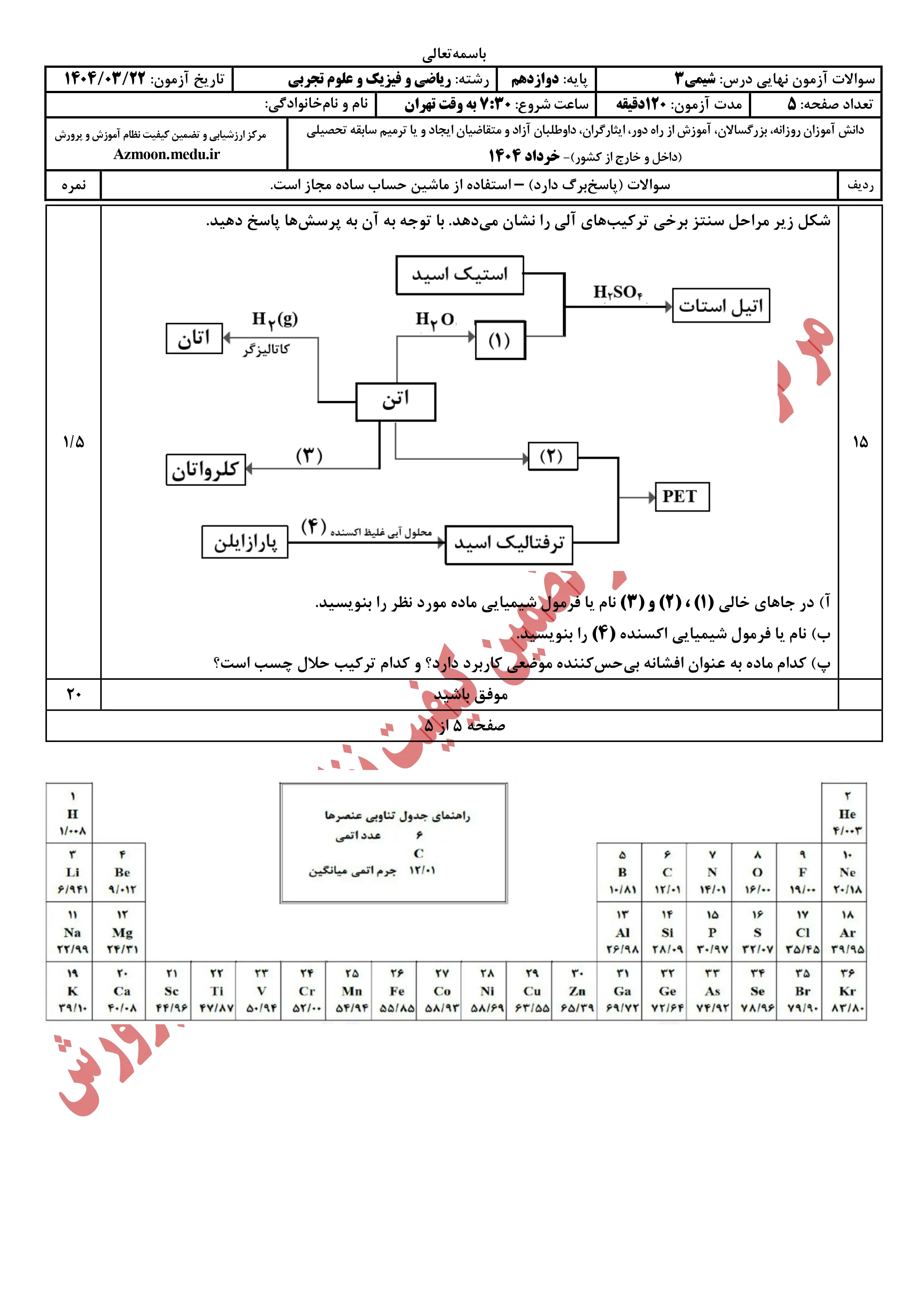 سوالات امتحان نهایی شیمی دوازدهم خرداد ۱۴۰۴ + پاسخنامه