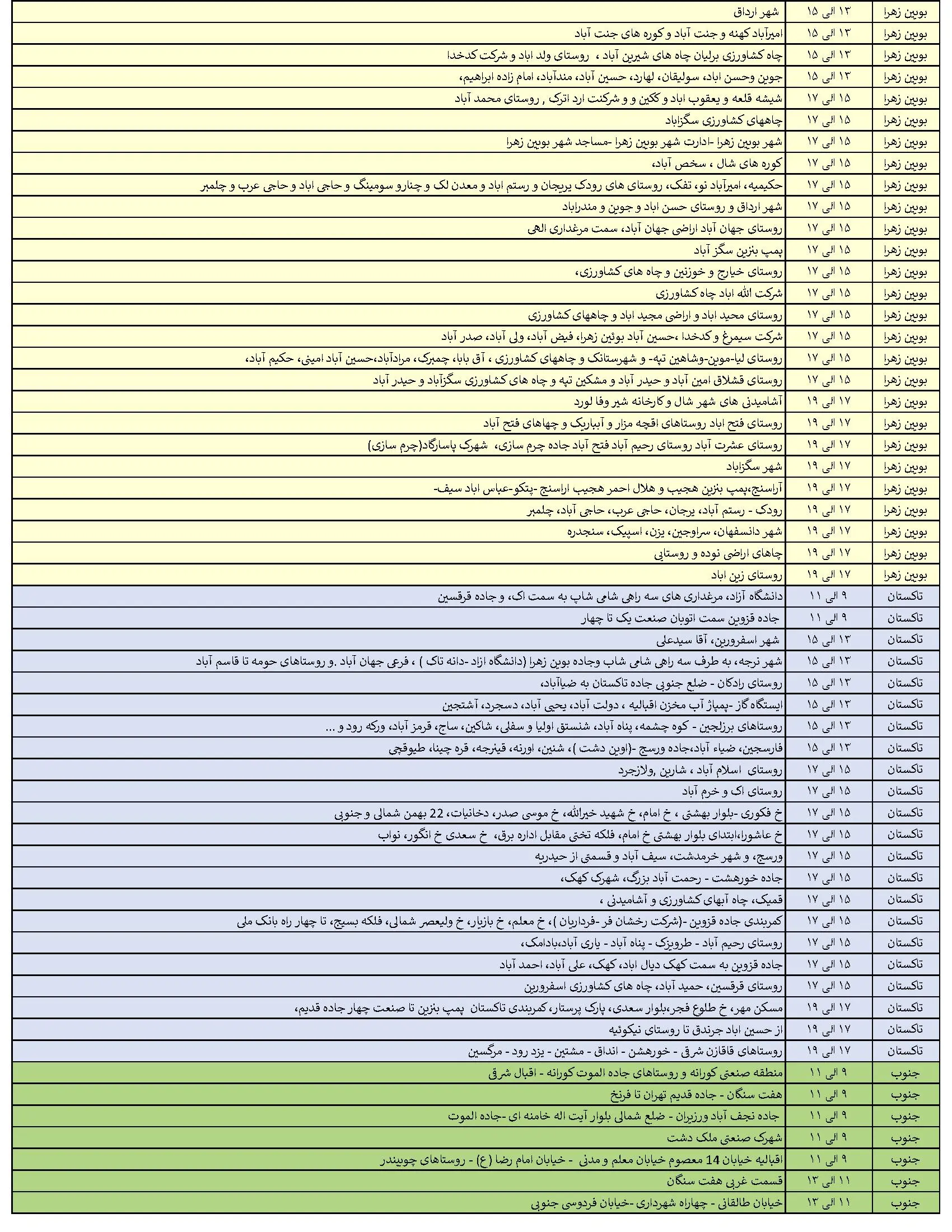 جدول خاموشی‌های برق قزوین در 25 تیر منتشر شد