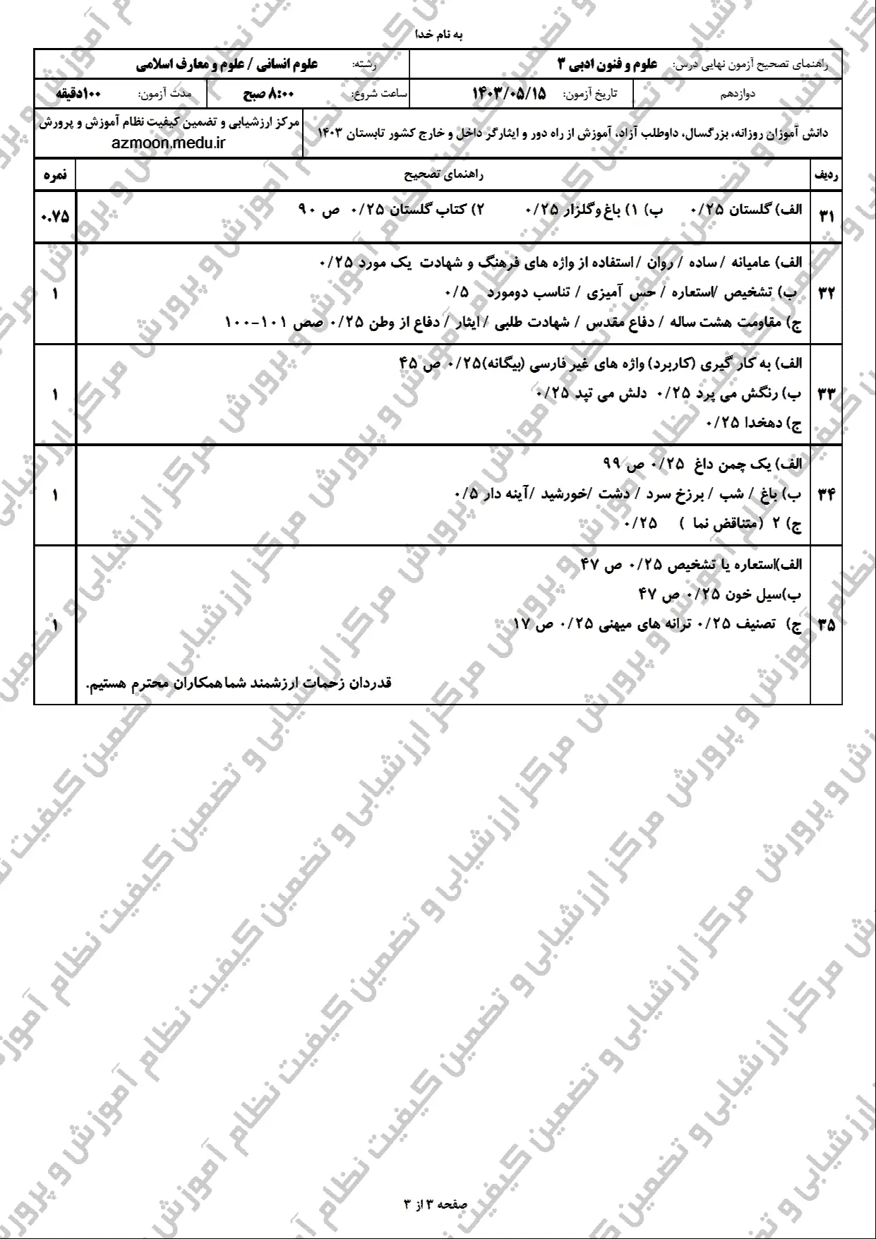 سوالات امتحان نهایی علوم و فنون ادبی دوازدهم مرداد شهریور ۱۴۰۳ + پاسخنامه