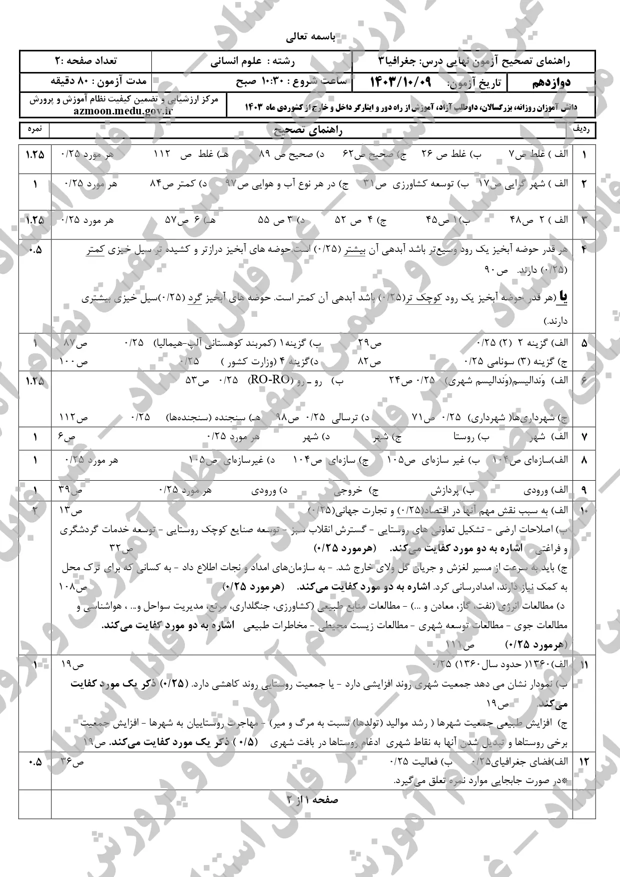 سوالات امتحان نهایی جغرافیا دوازدهم انسانی دی ماه ۱۴۰۳ + پاسخنامه