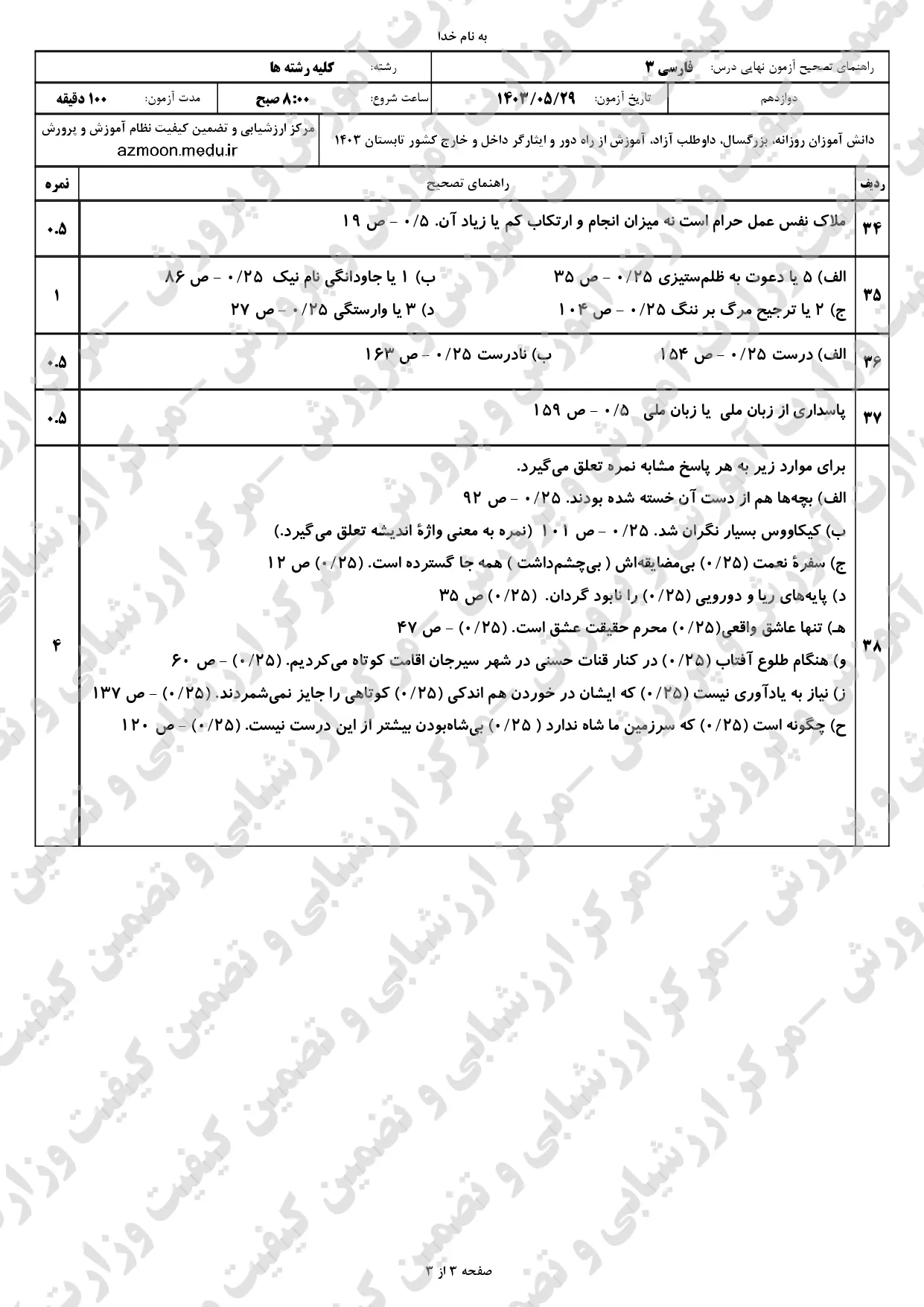 سوالات امتحان نهایی فارسی دوازدهم مرداد شهریور ۱۴۰۳ + پاسخنامه