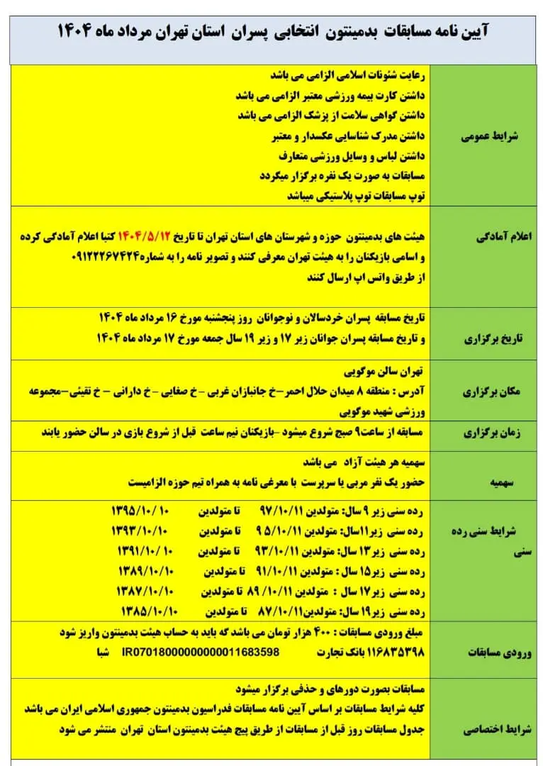 مسابقات انتخابی بدمینتون پسران استان‌ تهران برگزار می‌شود