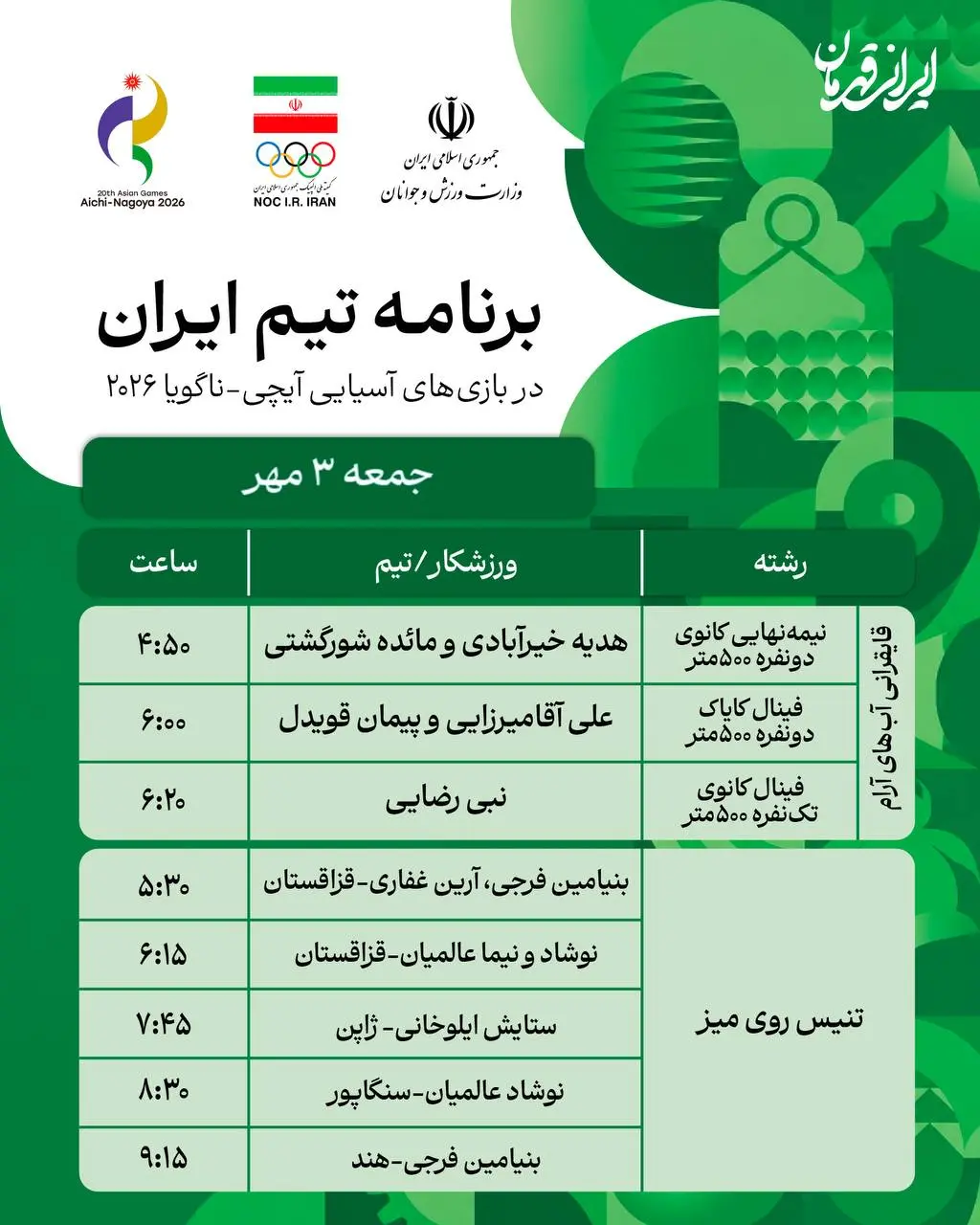 برنامه روز ششم نمایندگان ایران در بازی های آسیایی ناگویا