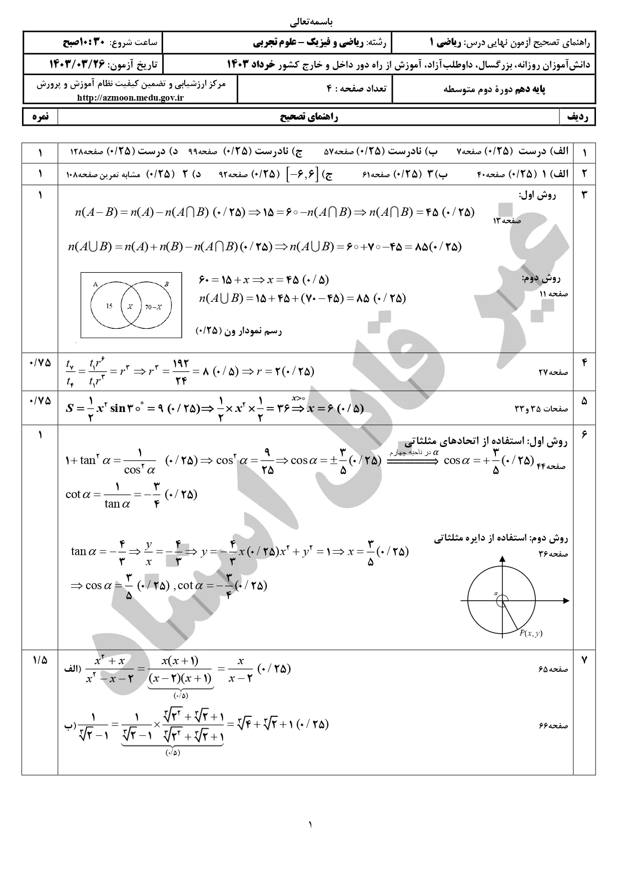 پاسخنامه تشریحی امتحان نهایی ریاضی دهم ریاضی و تجربی خرداد ۱۴۰۳