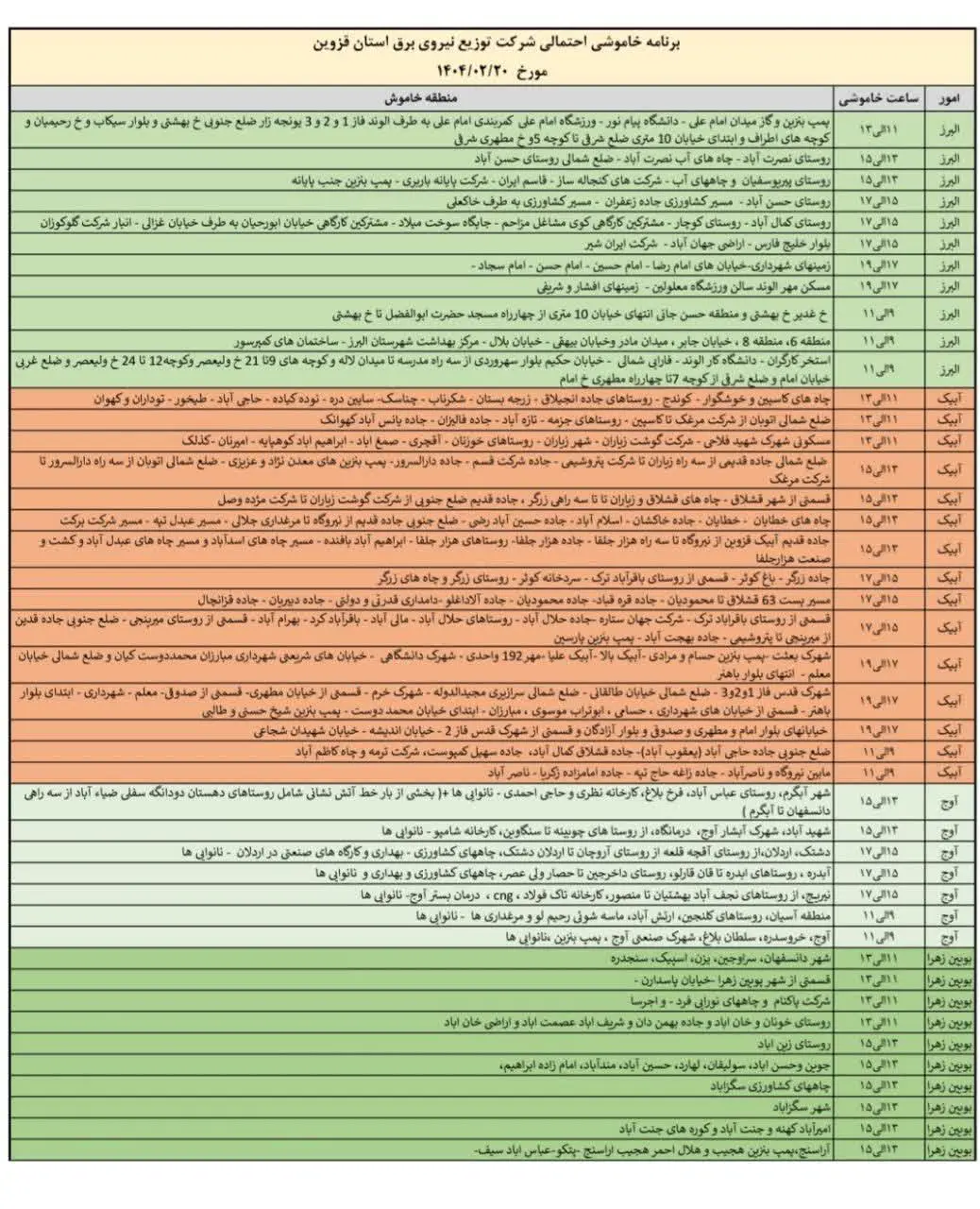 لیست خاموشی‌های 20 اردیبهشت در قزوین منتشر شد