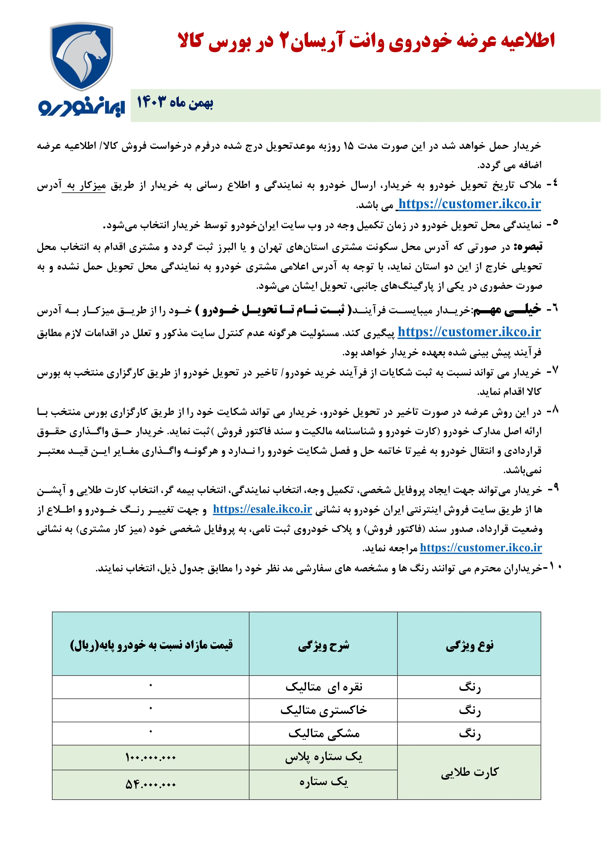 اطلاعیه مرحله اول عرضه محصول وانت آریسان 2 دوگانه سوز شرکت ایران خودرو در بورس کالا