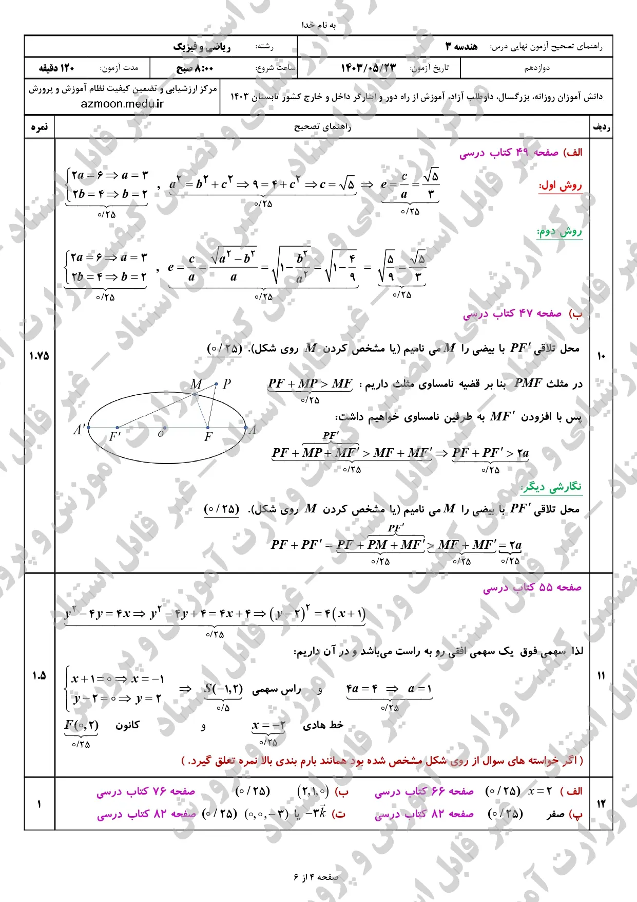 پاسخنامه امتحان نهایی هندسه دوازدهم مرداد شهریور ۱۴۰۳