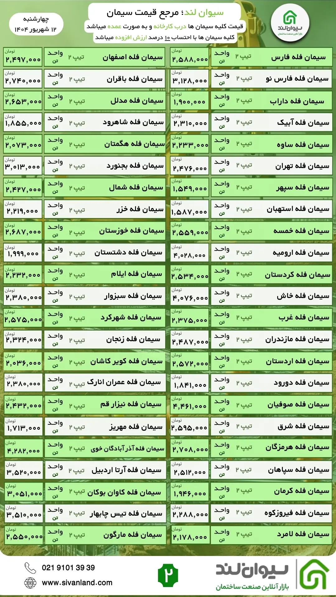 قیمت سیمان چهارشنبه 12 شهریور اعلام شد
