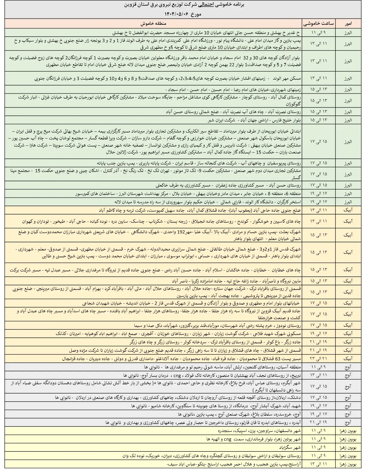 جدول خاموشی‌های برق قزوین در 6 مرداد منتشر شد