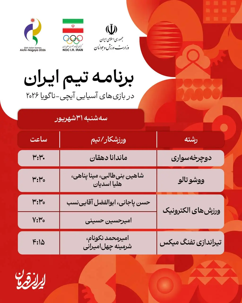 برنامه روز سوم نمایندگان ایران در بازی های آسیایی ناگویا
