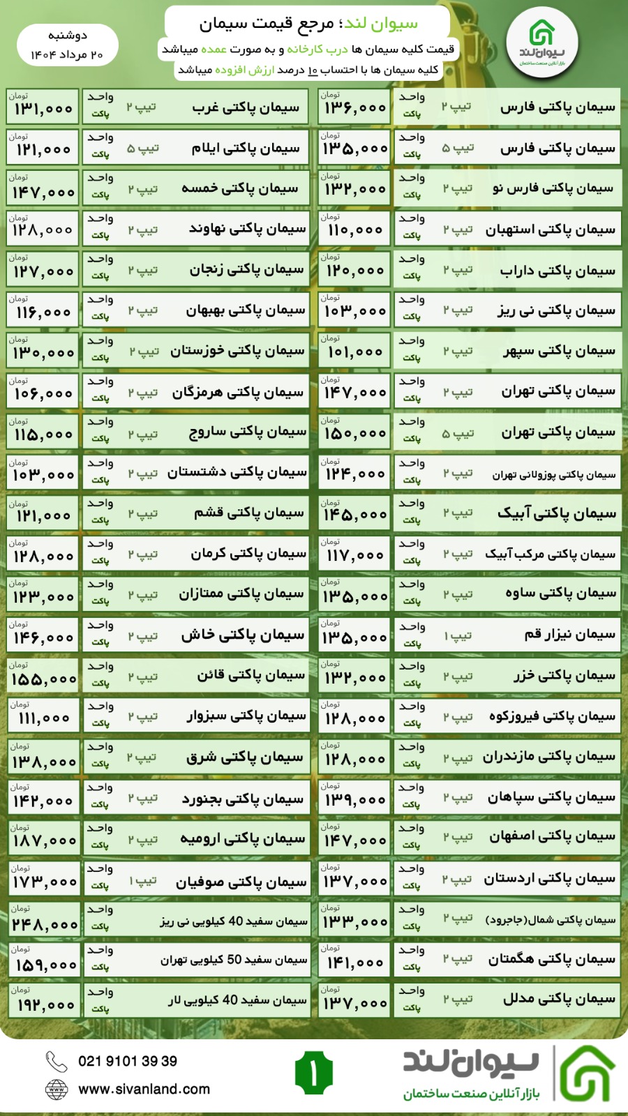 قیمت سیمان امروز دوشنبه ۲۰ مرداد