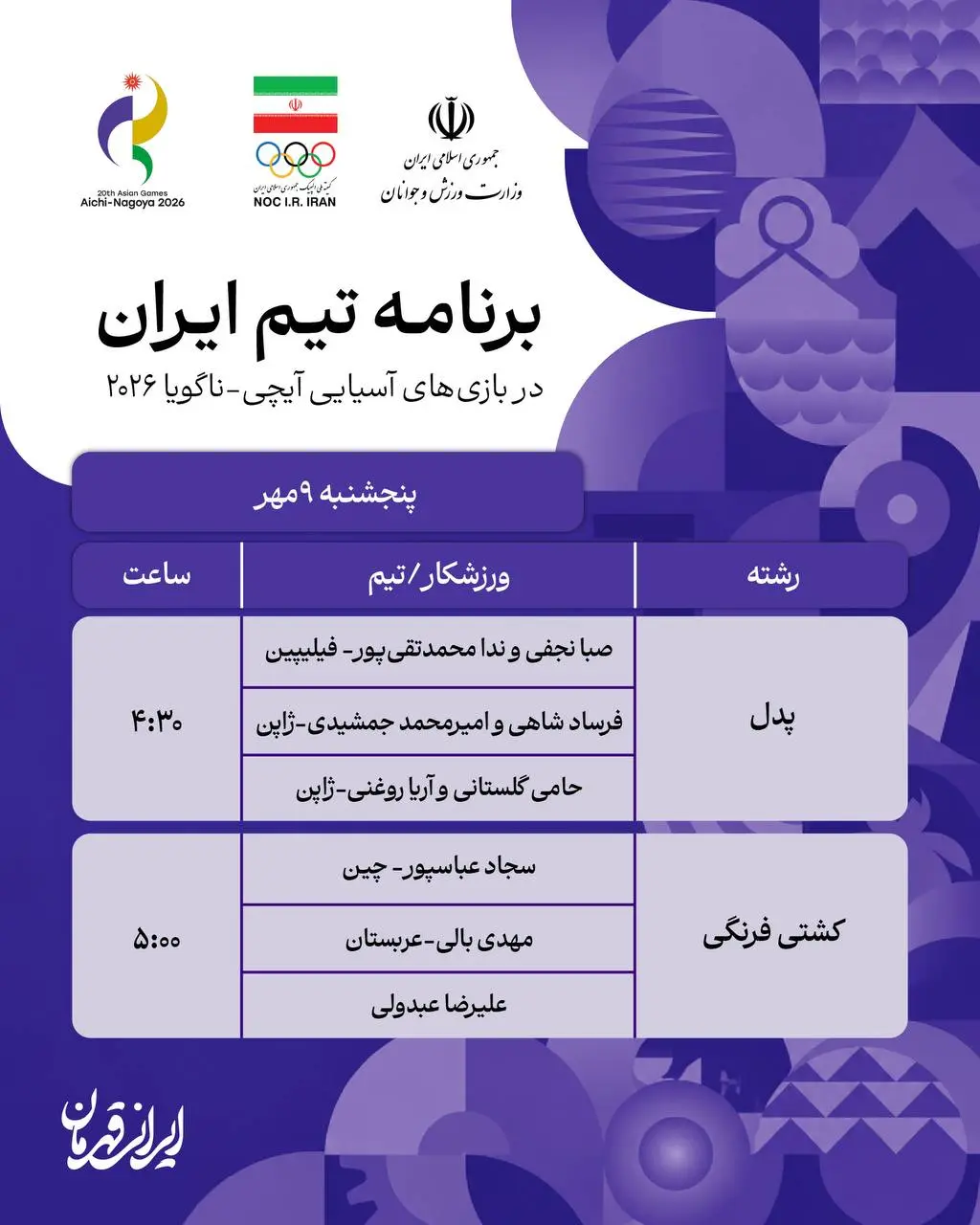 برنامه روز دوازدهم نمایندگان <a href='https://sayeb.ir/tag/%d8%a7%db%8c%d8%b1%d8%a7%d9%86'></div>ایران</a> در بازی های آسیایی ناگویا
