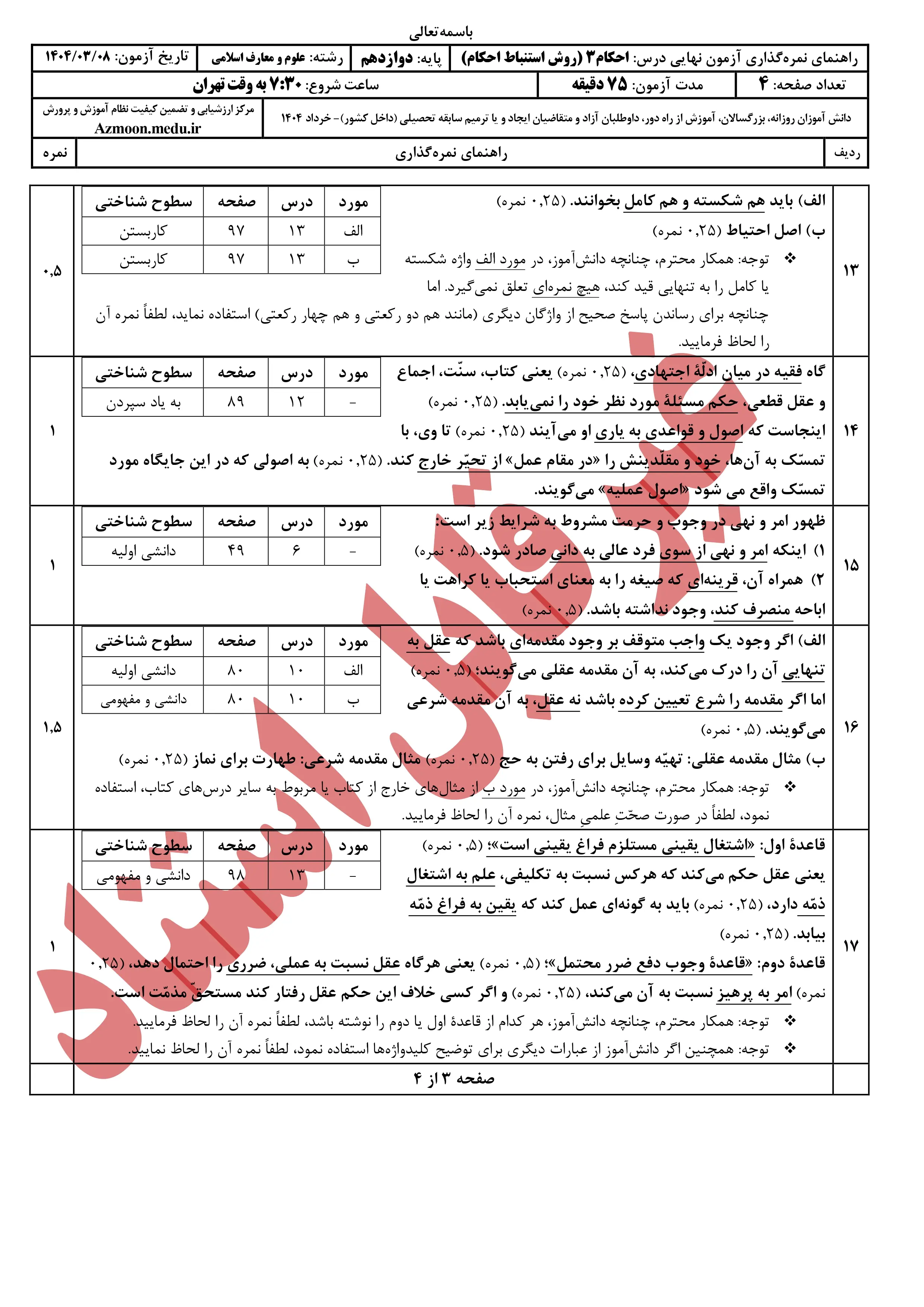 سوالات امتحان نهایی احکام ۳ دوازدهم خرداد ۱۴۰۴ + پاسخنامه