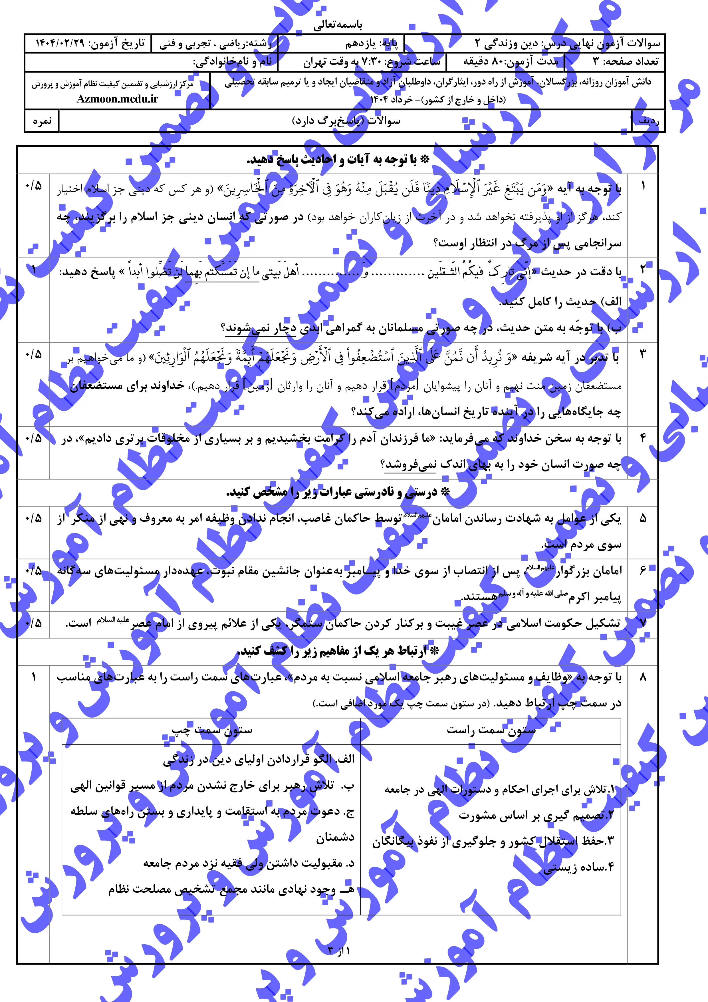 سوالات امتحان نهایی دینی ۲ یازدهم خرداد ۱۴۰۴ (تجربی و ریاضی) + پاسخنامه
