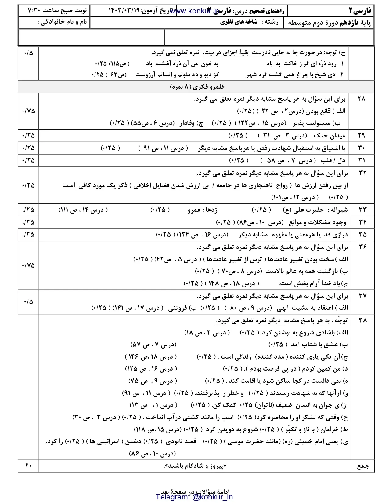 سوالات امتحان نهایی فارسی یازدهم خرداد ۱۴۰۳ (تجربی، ریاضی و انسانی) + پاسخنامه تشریحی