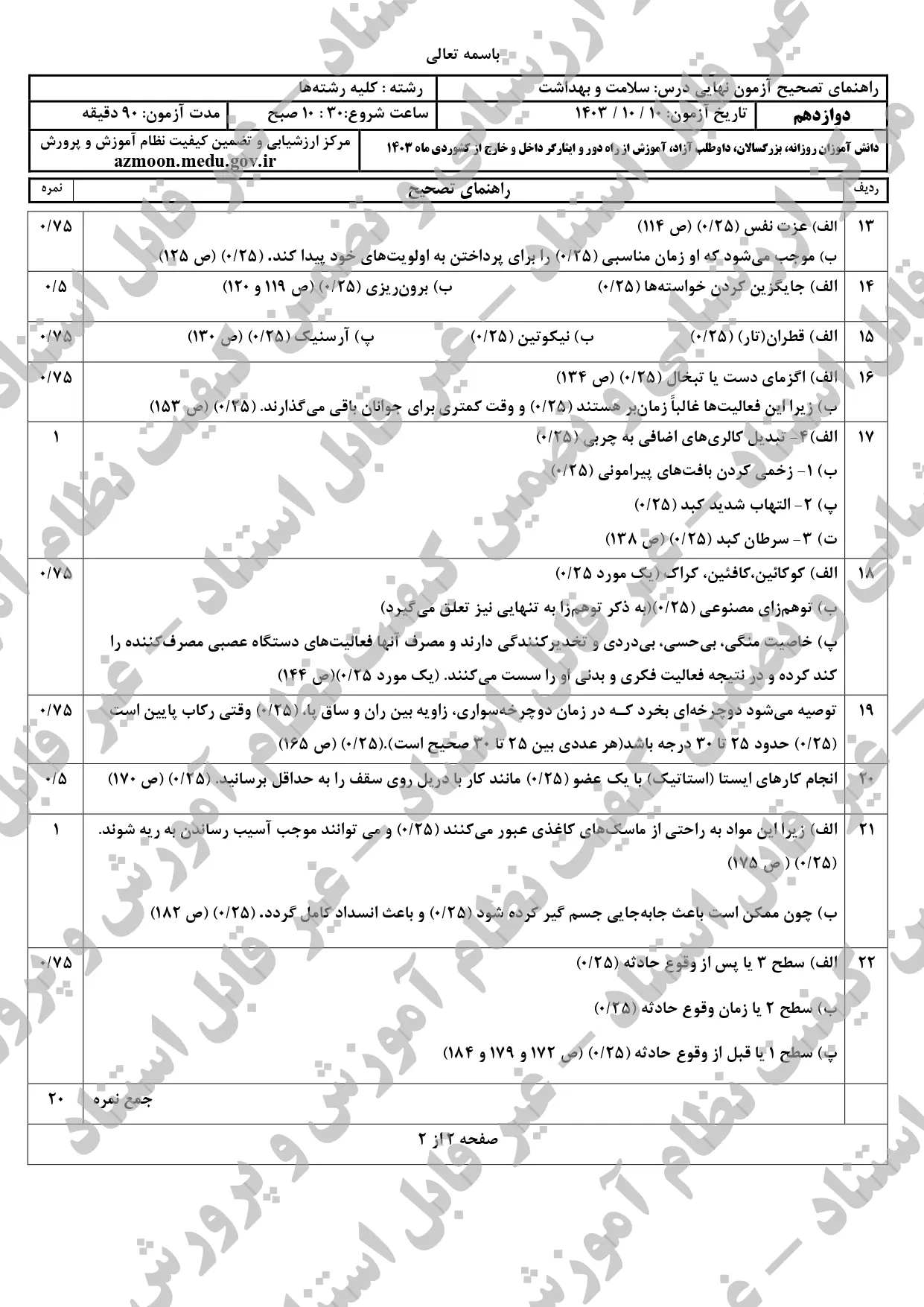 سوالات امتحان نهایی سلامت و بهداشت دوازدهم دی ماه ۱۴۰۳ + پاسخنامه