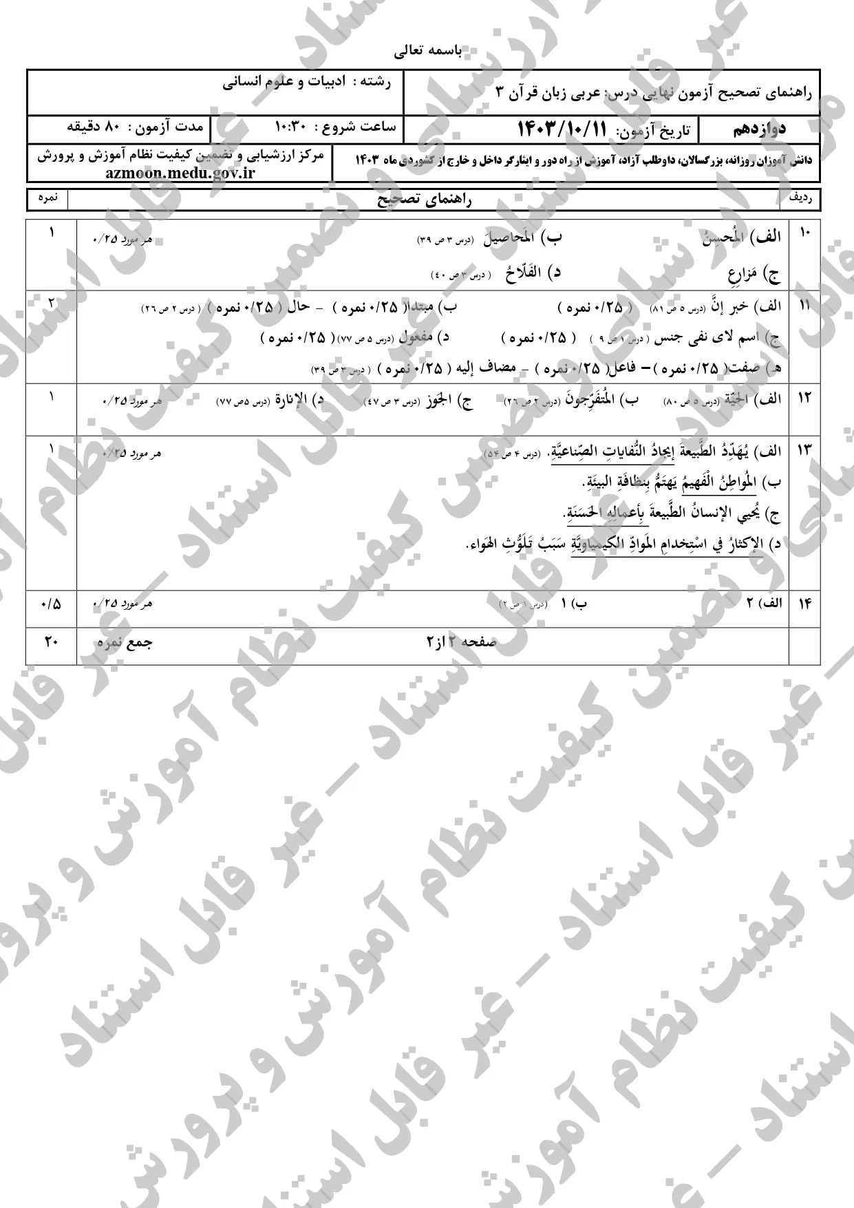 پاسخنامه امتحان نهایی عربی انسانی دوازدهم دی ماه ۱۴۰۳