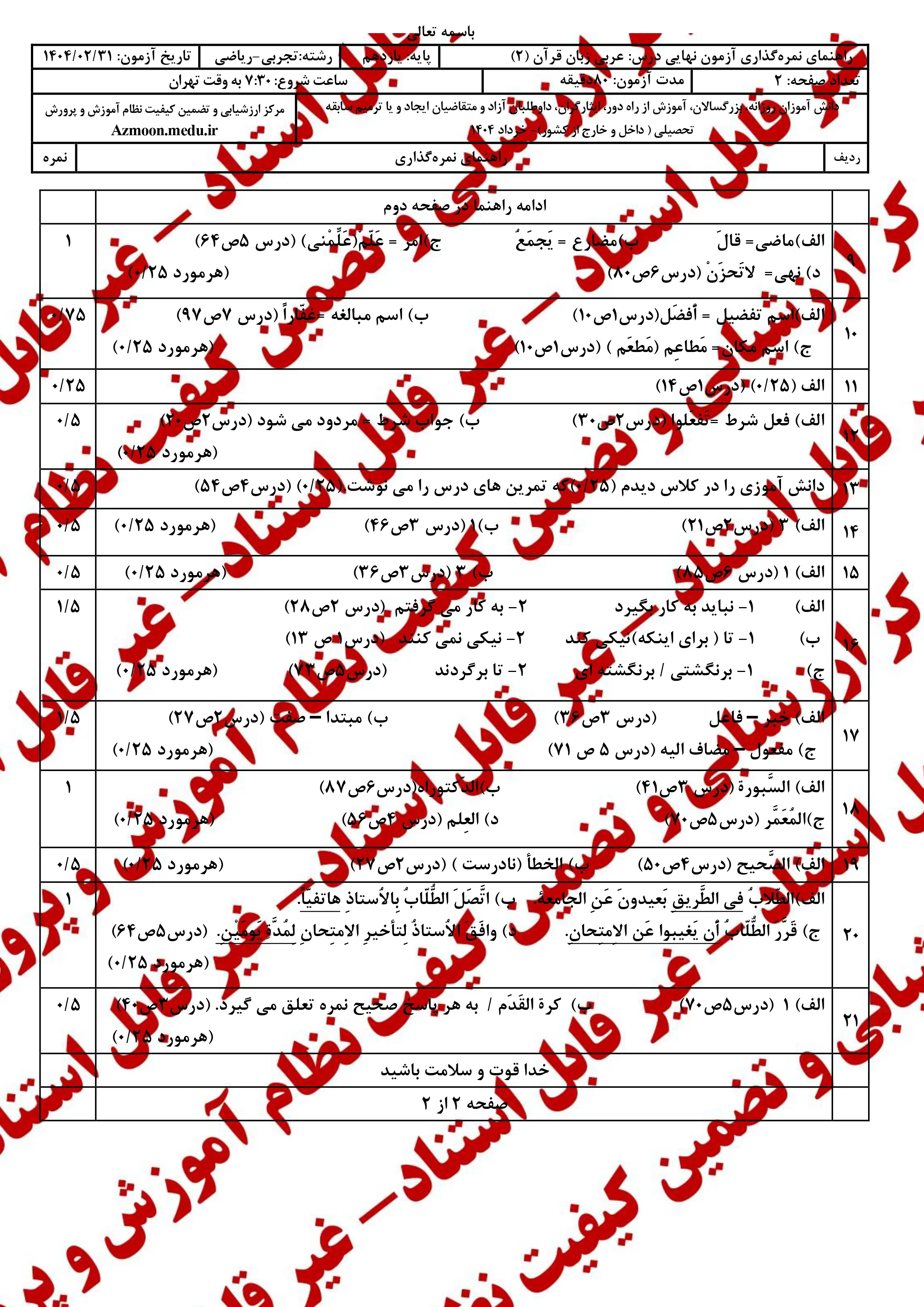 سوالات امتحان نهایی عربی ۲ دوازدهم خرداد ۱۴۰۴ (ریاضی-تجربی) + پاسخنامه