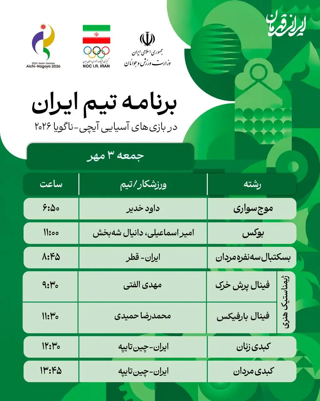برنامه روز ششم نمایندگان ایران در بازی های آسیایی ناگویا