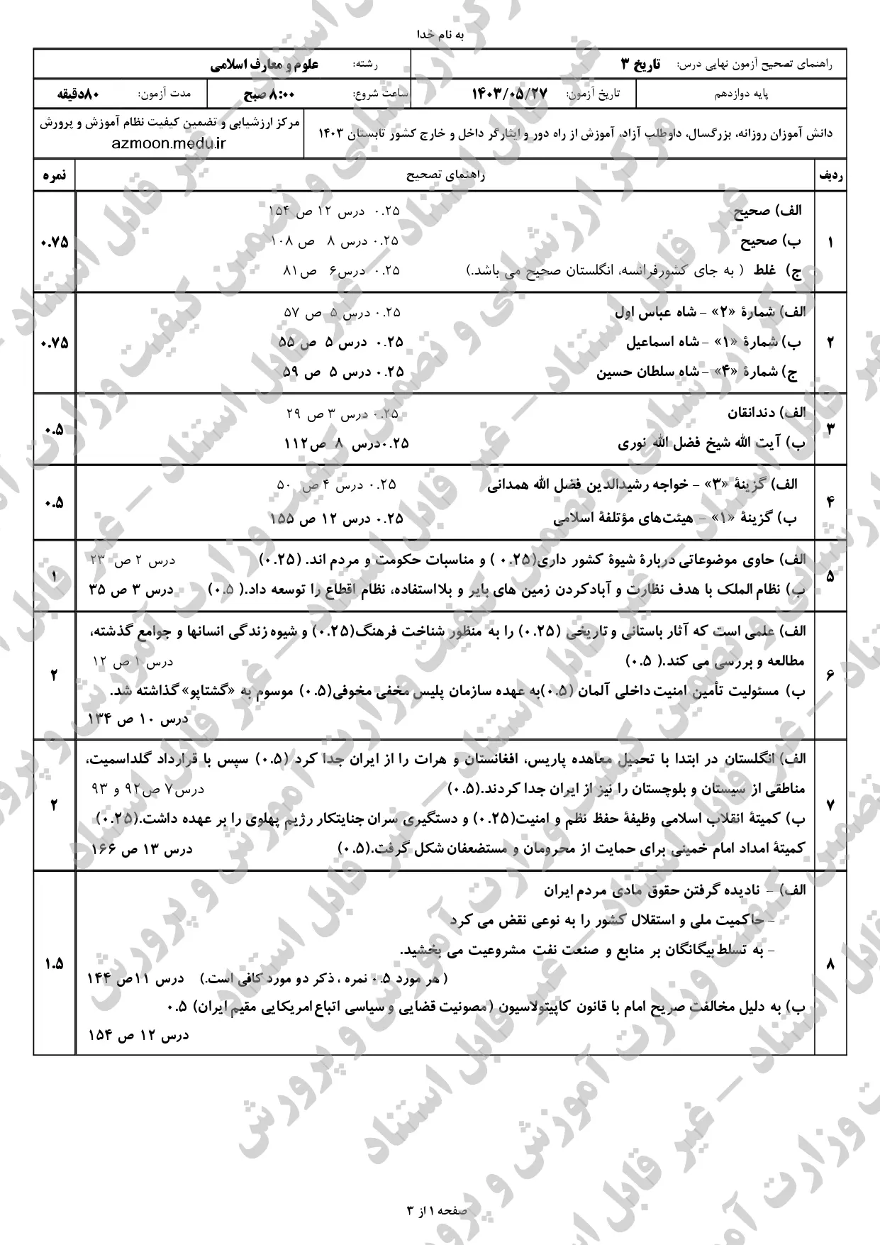 پاسخنامه امتحان نهایی تاریخ دوازدهم علوم و معارف اسلامی مرداد شهریور ۱۴۰۳