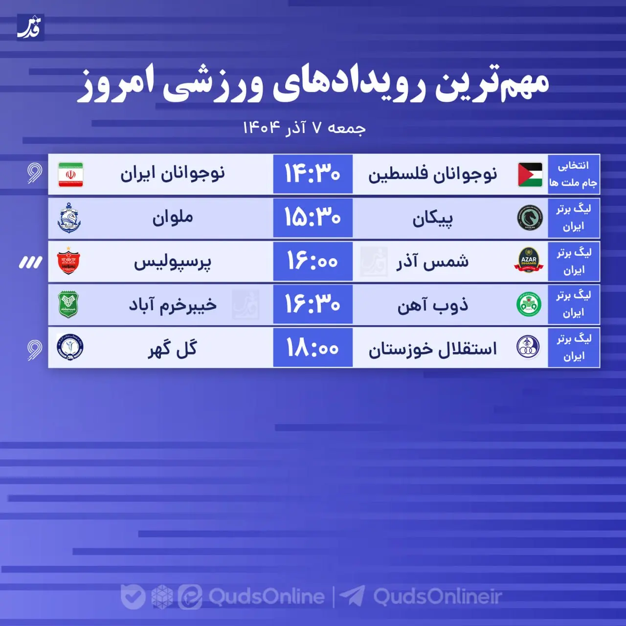 مهم‌ترین رویدادهای ورزشی امروز جمعه ۷ آذر