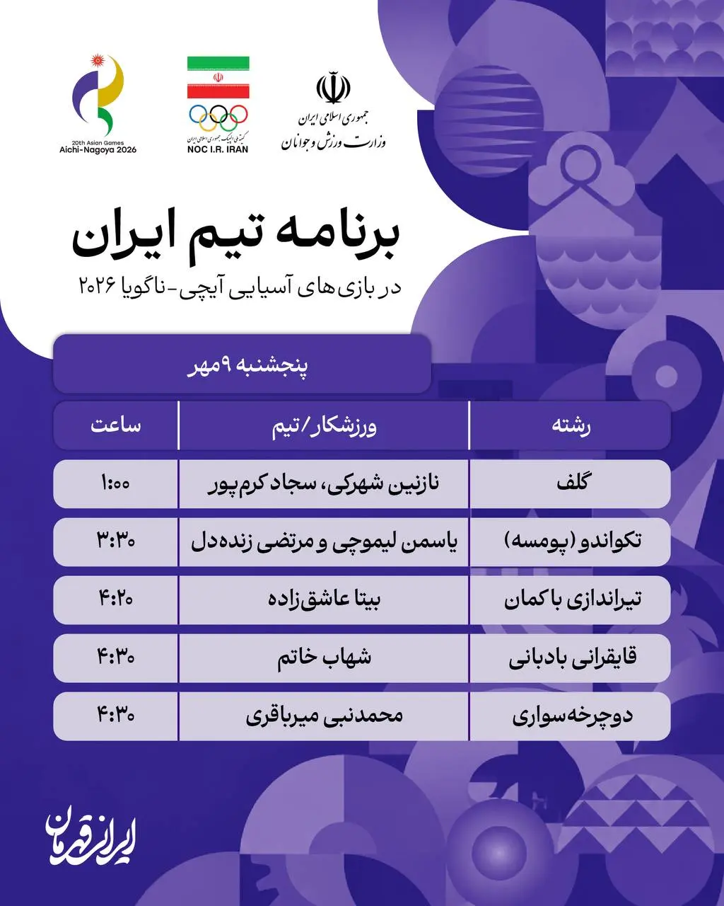 برنامه روز دوازدهم نمایندگان ایران در بازی های آسیایی ناگویا
