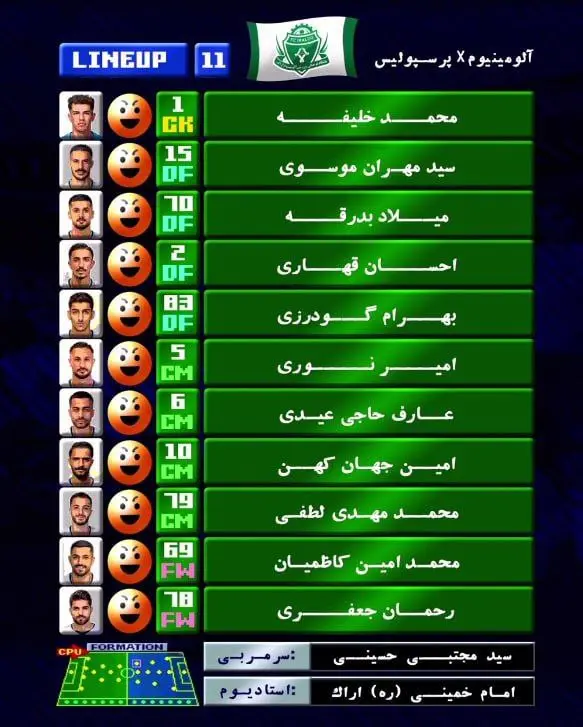 اعلام ترکیب آلومینیوم اراک مقابل پرسپولیس