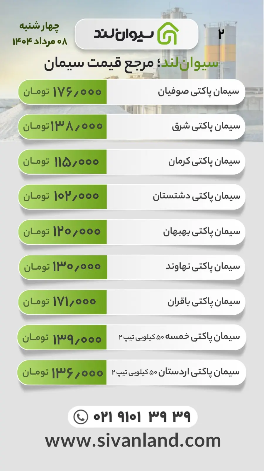 قیمت سیمان چهارشنبه 8 مرداد