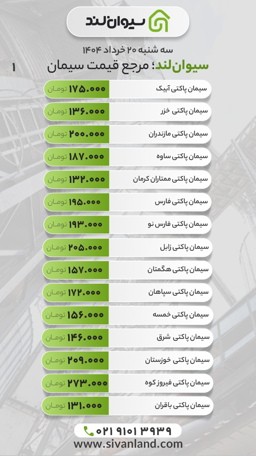 قیمت سیمان امروز سه‌شنبه 20 خرداد 