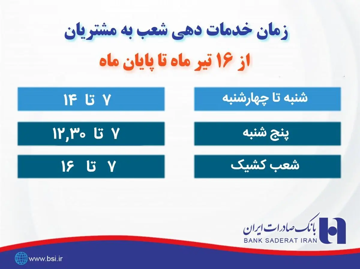 خدمت به مشتریان در بانک صادرات ایران از ٧ صبح آغاز می‌شود