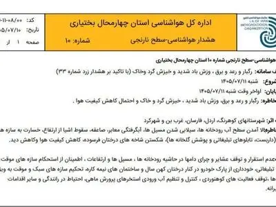 هواشناسی برای چهارمحال و بختیاری هشدار نارنجی صادر کرد