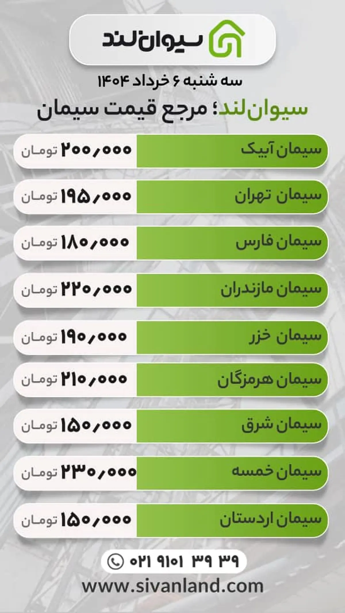 قیمت سیمان امروز سه‌شنبه  ششم خرداد ماه
