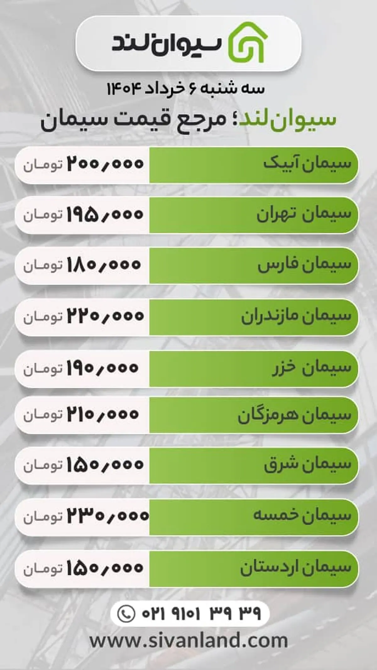 قیمت سیمان امروز سه‌شنبه  ششم خرداد ماه