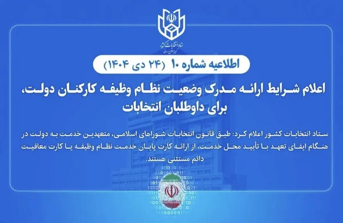شرایط ارائه مدرک وضعیت نظام وظیفه کارکنان دولت برای داوطلبان انتخابات

