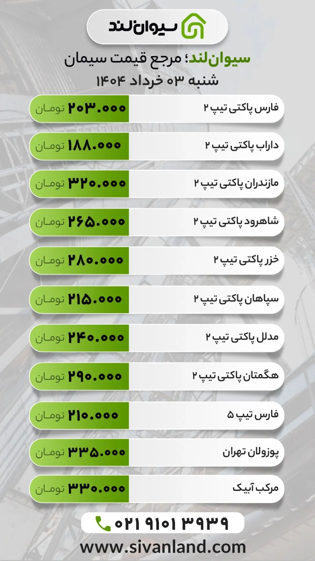 قیمت سیمان امروز شنبه 3 خرداد 1404
