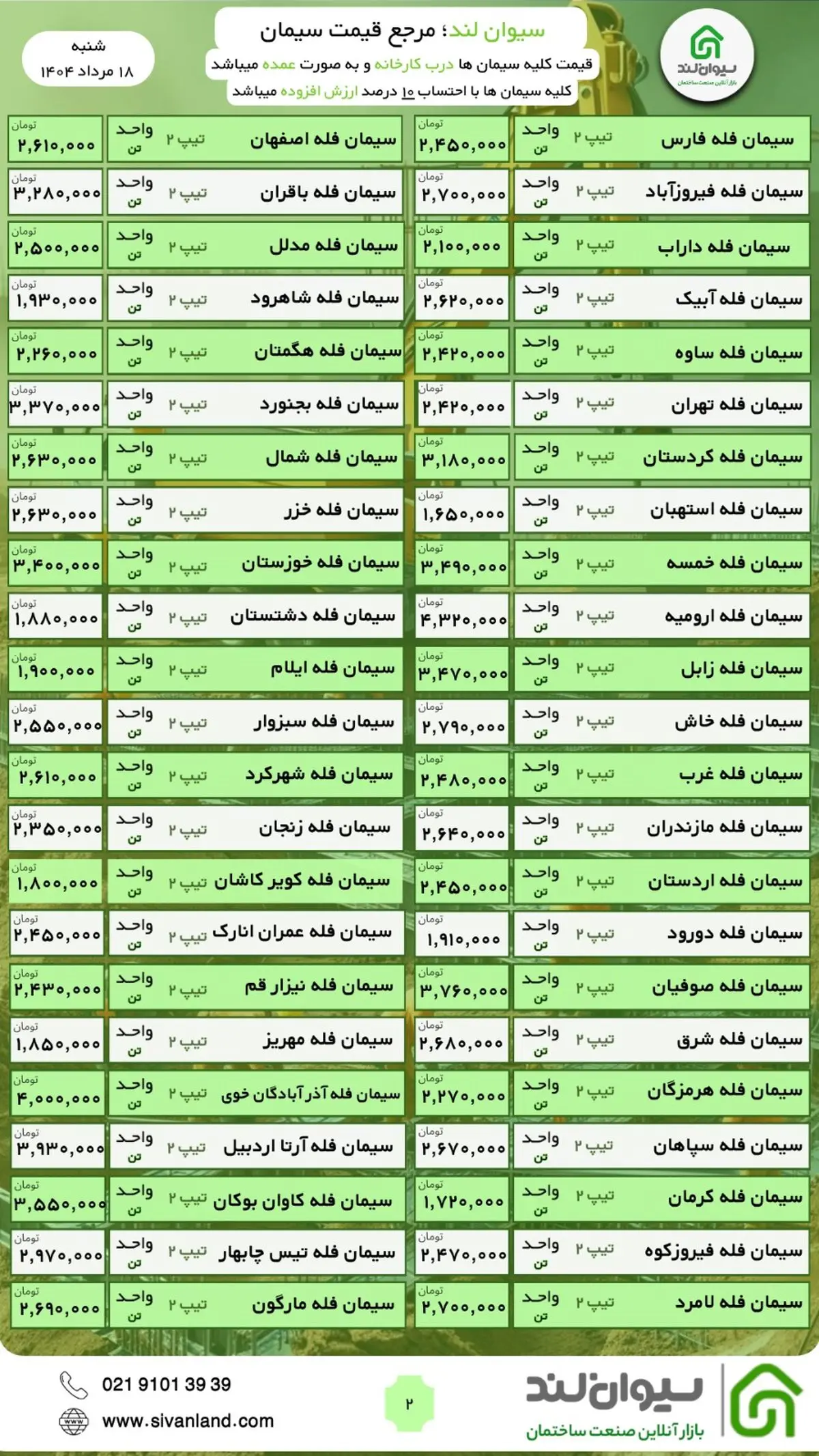 قیمت سیمان شنبه 18 مرداد