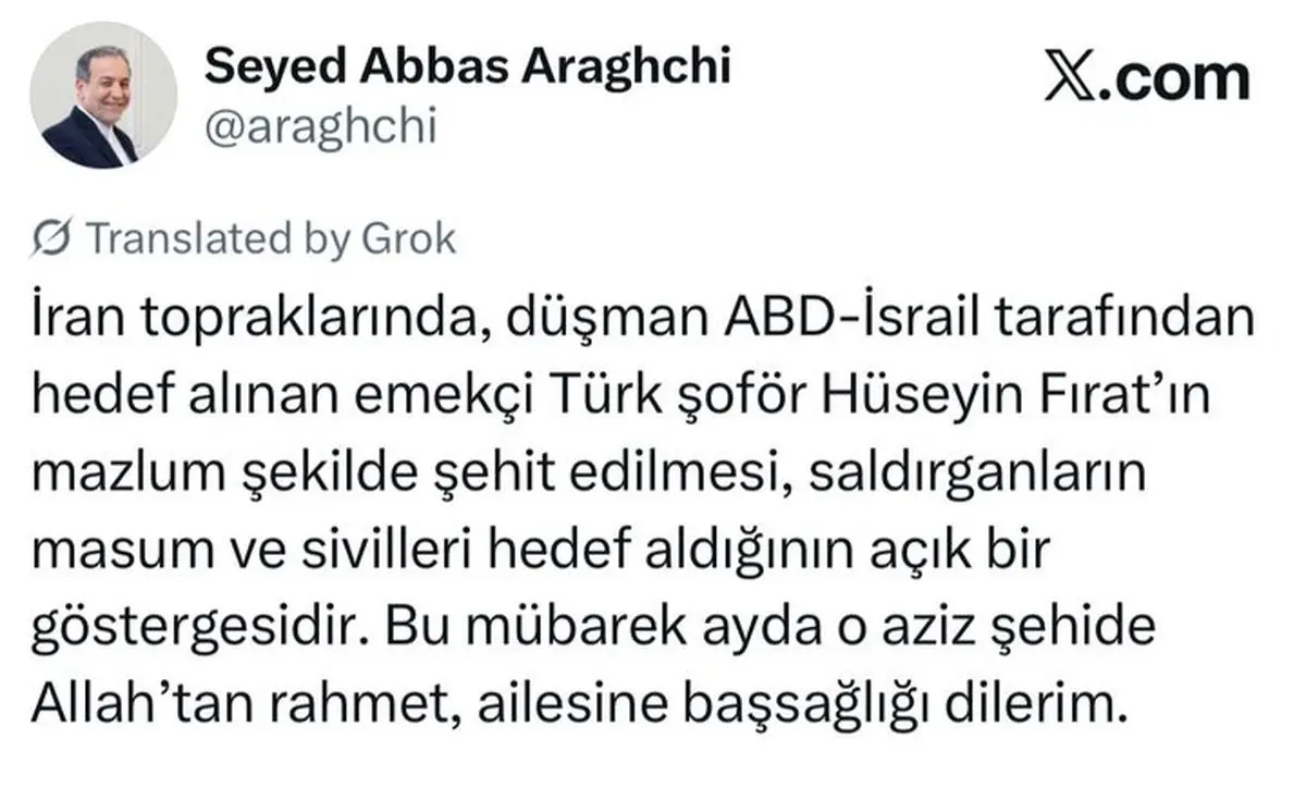 تسلیت عراقچی در پی شهادت شهروند ترکیه در جریان حمله آمریکایی ـ صهیونیستی به ایران