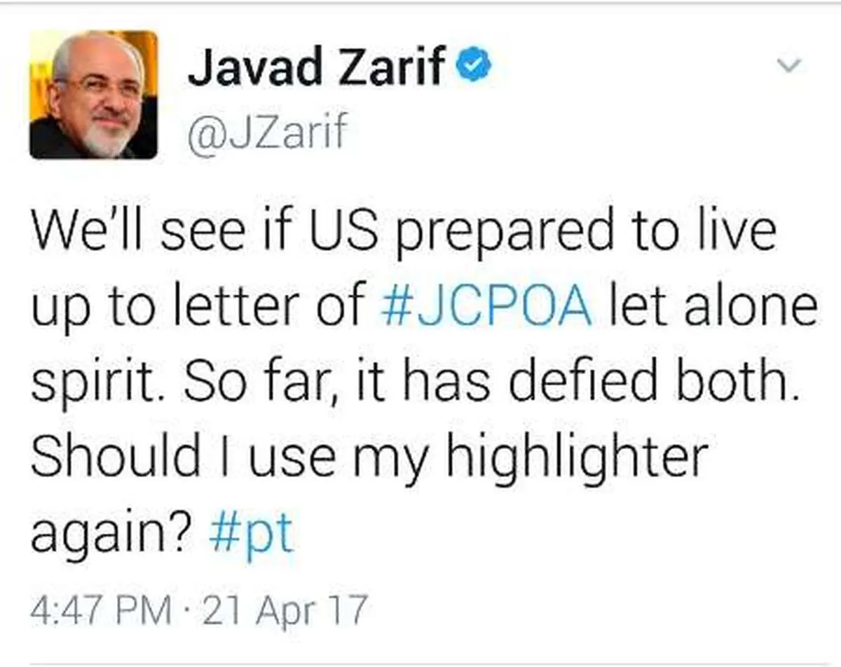 ظریف لترامب: امیرکا لم تلتزم بروح الاتفاق النووی ولا بنصه